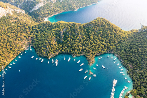 Fototapeta Naklejka Na Ścianę i Meble -  aerial view of Gocek bays in Turkey, there are parked some luxury yachts for holiday