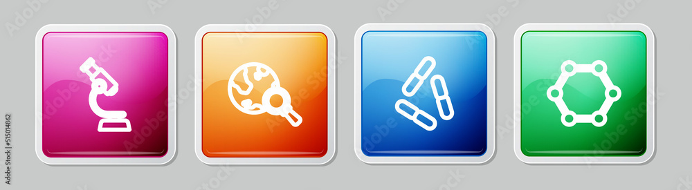 Set line Microscope, Magnifying glass with globe, Virus and Molecule. Colorful square button. Vector Set line Microscope, Magnifying glass with globe, Virus and Molecule. Colorful square button. Vector