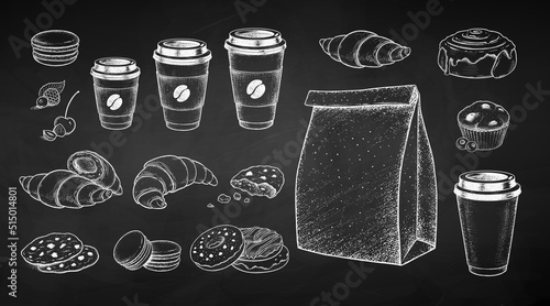 Chalk illustrations of to go Coffee and sweet food