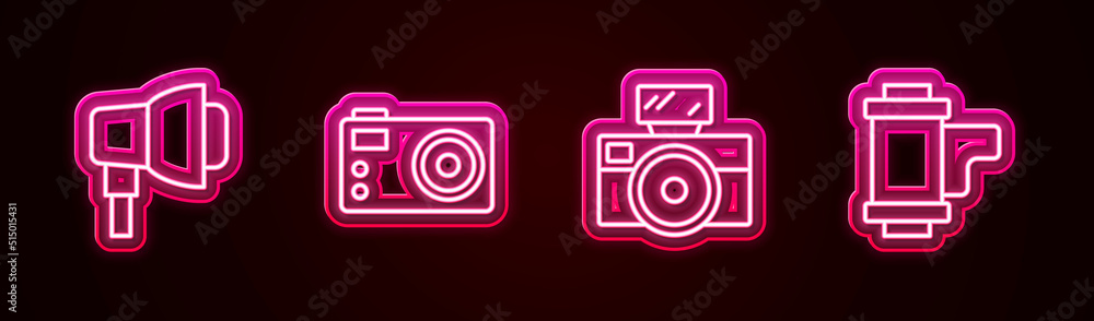 Set line Softbox light, Photo camera, with flash and Camera roll cartridge. Glowing neon icon. Vector Set line Softbox light, Photo camera, with flash and Camera roll cartridge. Glowing neon icon. Vector