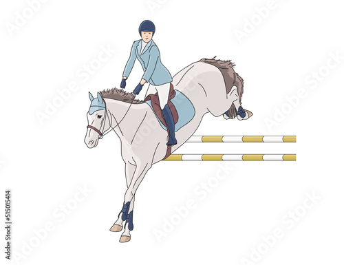 Equestrian sports, show jumping. A girl rider and a horse jump over an obstacle photo