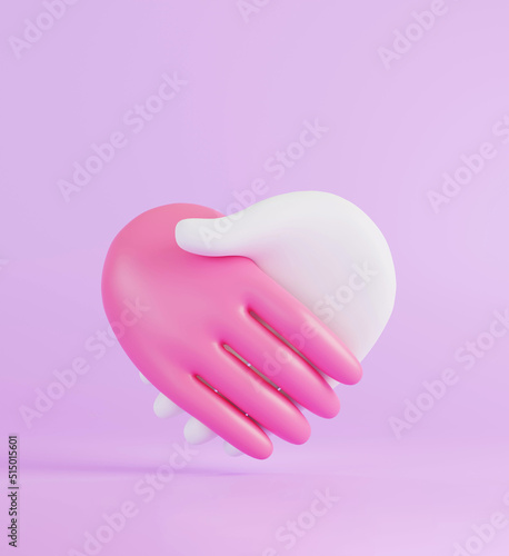 Hands together in the shape of a heart  heart donate concept  world health day  charity donation  teamwork and and partnership on purple background  3D render illustration