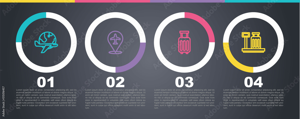 Set line Globe with flying plane, Plane, Suitcase and Scale suitcase. Business infographic template. Vector Set line Globe with flying plane, Plane, Suitcase and Scale suitcase. Business infographic template. Vector