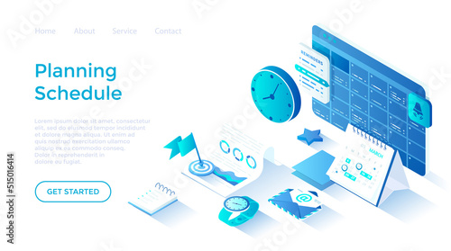 Planning schedule and calendar. Time management, work planning organization application. Reminders of meeting, event. Isometric illustration. Landing page template for web on white background.