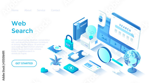 Web search engine. Search page on the monitor screen, voice searching, result elements. Isometric illustration. Landing page template for web on white background.