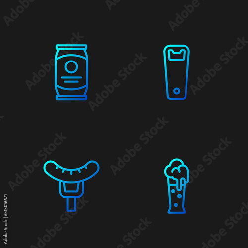 Set line Glass of beer, Sausage on the fork, Beer can and Bottle opener. Gradient color icons. Vector