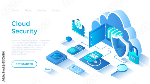 Cloud Security and Data Protection. Online safety, confidentiality of information. Cloud storage, password, lock. Isometric illustration. Landing page template for web on white background.