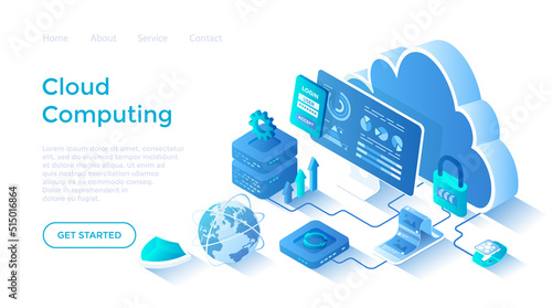 Cloud computing, data storage, database system. Cloud storage server, data backup and exchange. Secure communication process. Isometric illustration. Landing page template for web on white background.