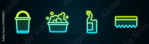 Set line Bucket, Basin with soap suds, Dishwashing liquid bottle and Sponge. Glowing neon icon. Vector