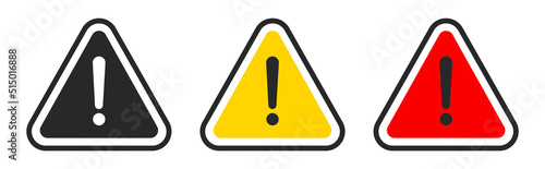 Caution icons set, exclamation mark, warning signs. Isolated attention triangle symbols on white background. Warning alert error concept with black yellow and red colors.