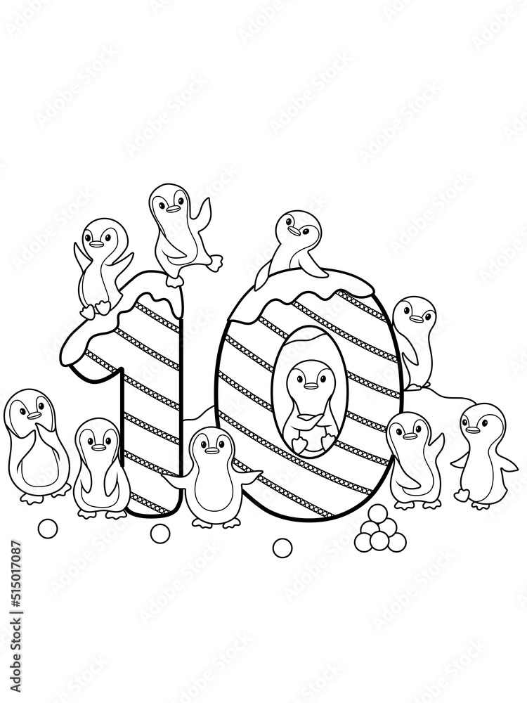 Coloring page - Numbers. Education and fun for childrens. Printable sheet - 10 ten and penguins.