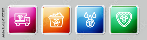 Set line Truck with radiation materials, Infectious waste, Acid rain and radioactive cloud and Radioactive shield. Colorful square button. Vector