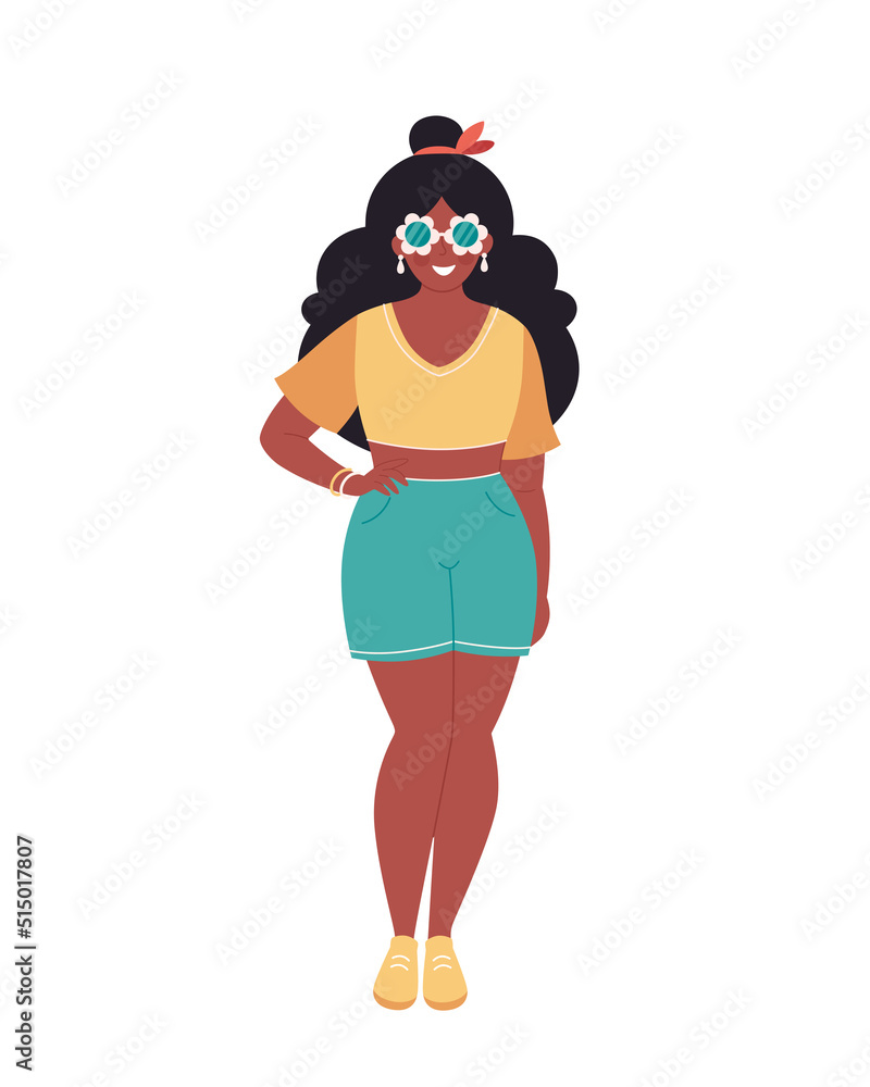 Black woman in retro glasses and casual summer look. Hello summer, summer style, vacation. Hand drawn vector illustration