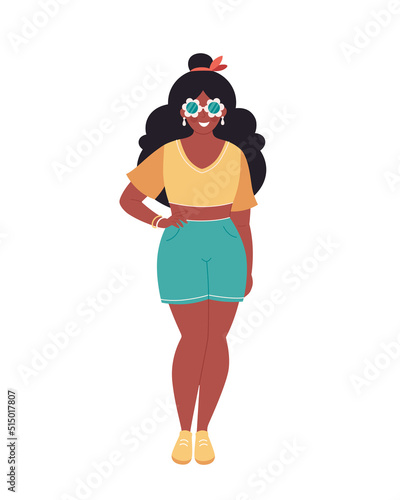 Black woman in retro glasses and casual summer look. Hello summer, summer style, vacation. Hand drawn vector illustration