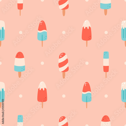 Ice cream on stick seamless pattern. Summertime. Doodle, flat, hand drawn texture for wallpaper, textile, paper. Vector illustration