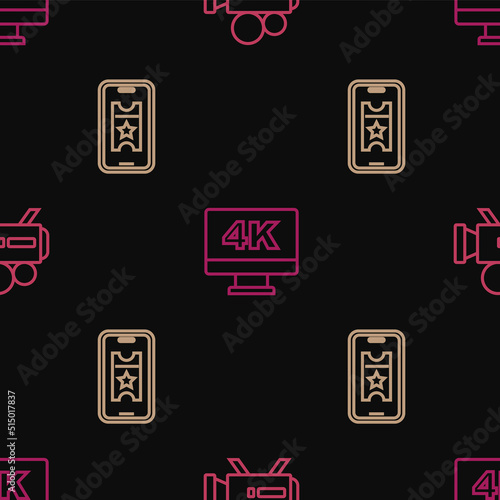 Set line Retro cinema camera, Buy ticket online and Screen tv with 4k on seamless pattern. Vector
