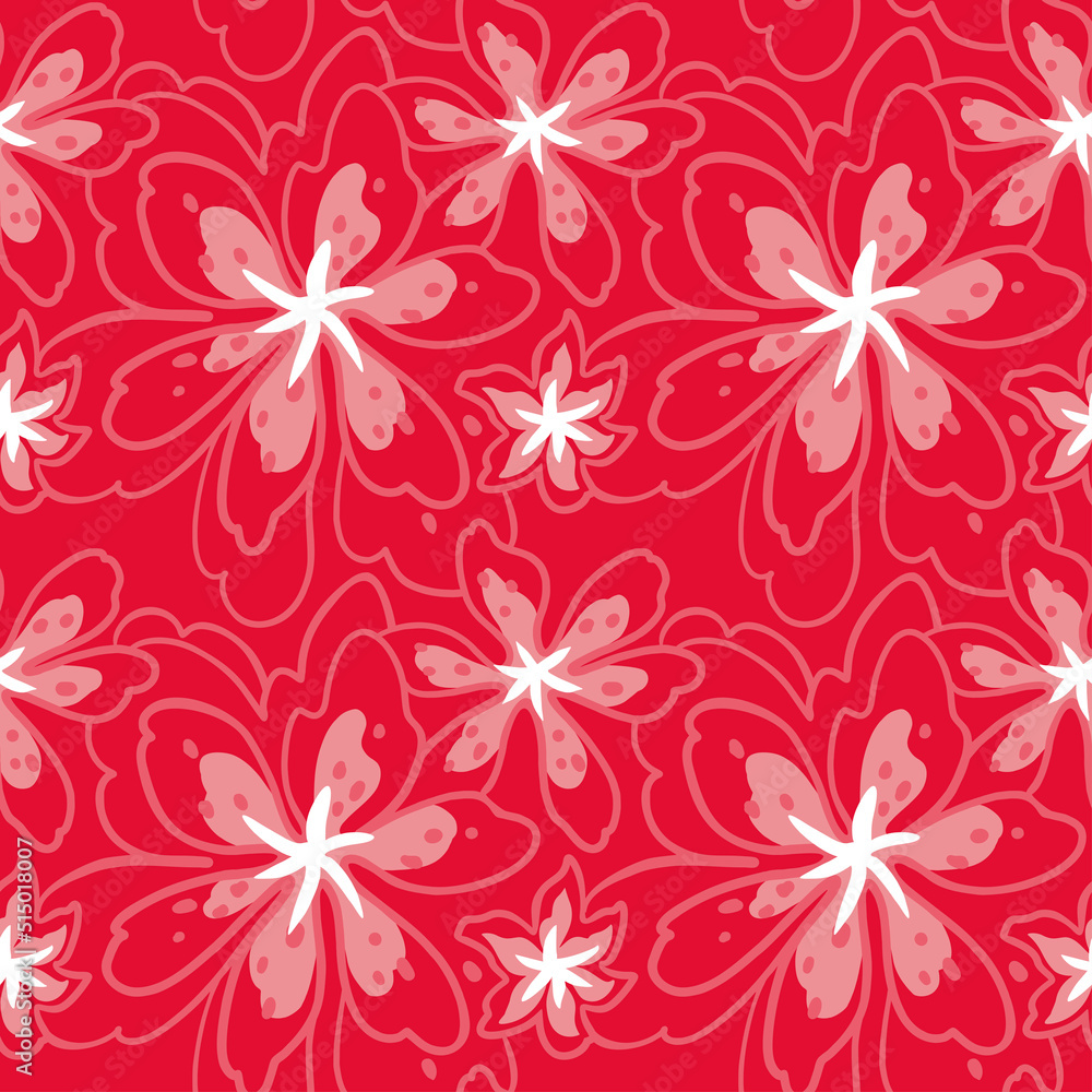 Pink flowers on a red background. Seamless pattern for fabric, wrapping, textile, wallpaper, apparel. Vector.