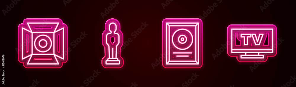 Set line Movie spotlight, trophy, CD disk award in frame and Smart Tv. Glowing neon icon. Vector Set line Movie spotlight, trophy, CD disk award in frame and Smart Tv. Glowing neon icon. Vector