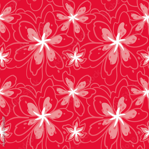 Pink flowers on a red background. Seamless pattern for fabric  wrapping  textile  wallpaper  apparel. Vector.
