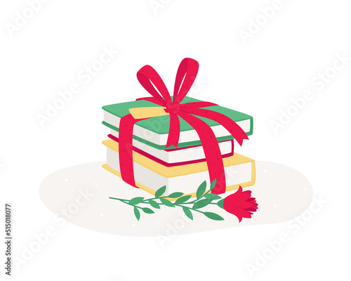 A stack of books as a gift with a red ribbon and a flower. The concept of a gift for the holiday is suitable for any person. A new book is the best present. Flat vector illustration