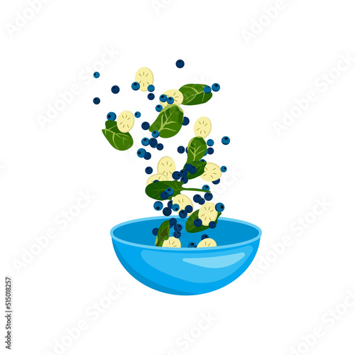 
Vegetable salad bowl. Variety of healthy vegetables, fruits flying in the air to a blue bowl. Trendy vector illustration for web and print poster design. Isolated salad bowl. 