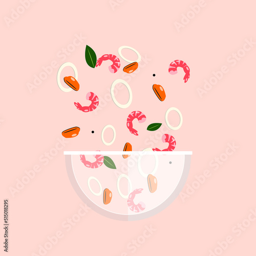 Vegetable salad bowl. Variety of healthy vegetables and seafood flying in the air to a glass bowl. Trendy vector illustration for web and print poster design. Isolated salad bowl. 