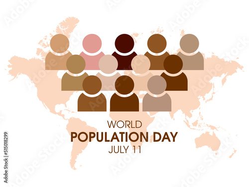 World Population Day vector. Group of multicultural people silhouette simple icon vector. Group of figures and world map design element. Global overpopulation vector. July 11. Important day