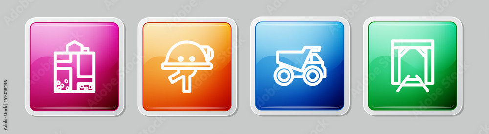 Set line Mine entrance, Miner helmet, Mining dump truck and . Colorful square button. Vector Set line Mine entrance, Miner helmet, Mining dump truck and . Colorful square button. Vector