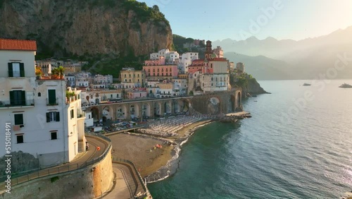 beautiful Amalfi coast aerial view, flying along the Italian Mediterranean seacoast of Amalfi, vacations in Italy famous Italian tourist destination, drone view