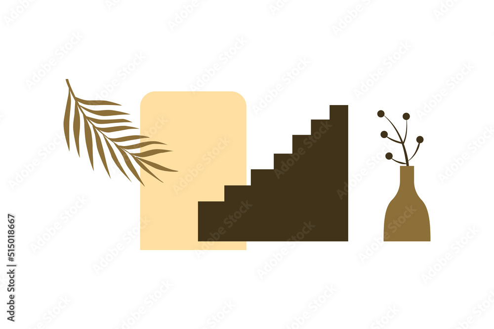 Old city minimalist boho print. Elements of Moroccan architecture. Modern aesthetic illustration with geometry, staircase, vase, palm leaf. Earthy tone, sandy colors. Vector interior decor.