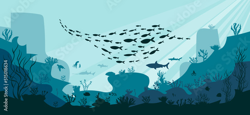 silhouette of coral reef with fish  on blue sea background underwater vector illustration
