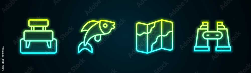 Set line Bench, Fish, Camping and hiking on map and Binoculars. Glowing neon icon. Vector Set line Bench, Fish, Camping and hiking on map and Binoculars. Glowing neon icon. Vector