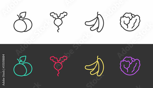 Set line Mango fruit  Radish  Banana and Cabbage on black and white. Vector