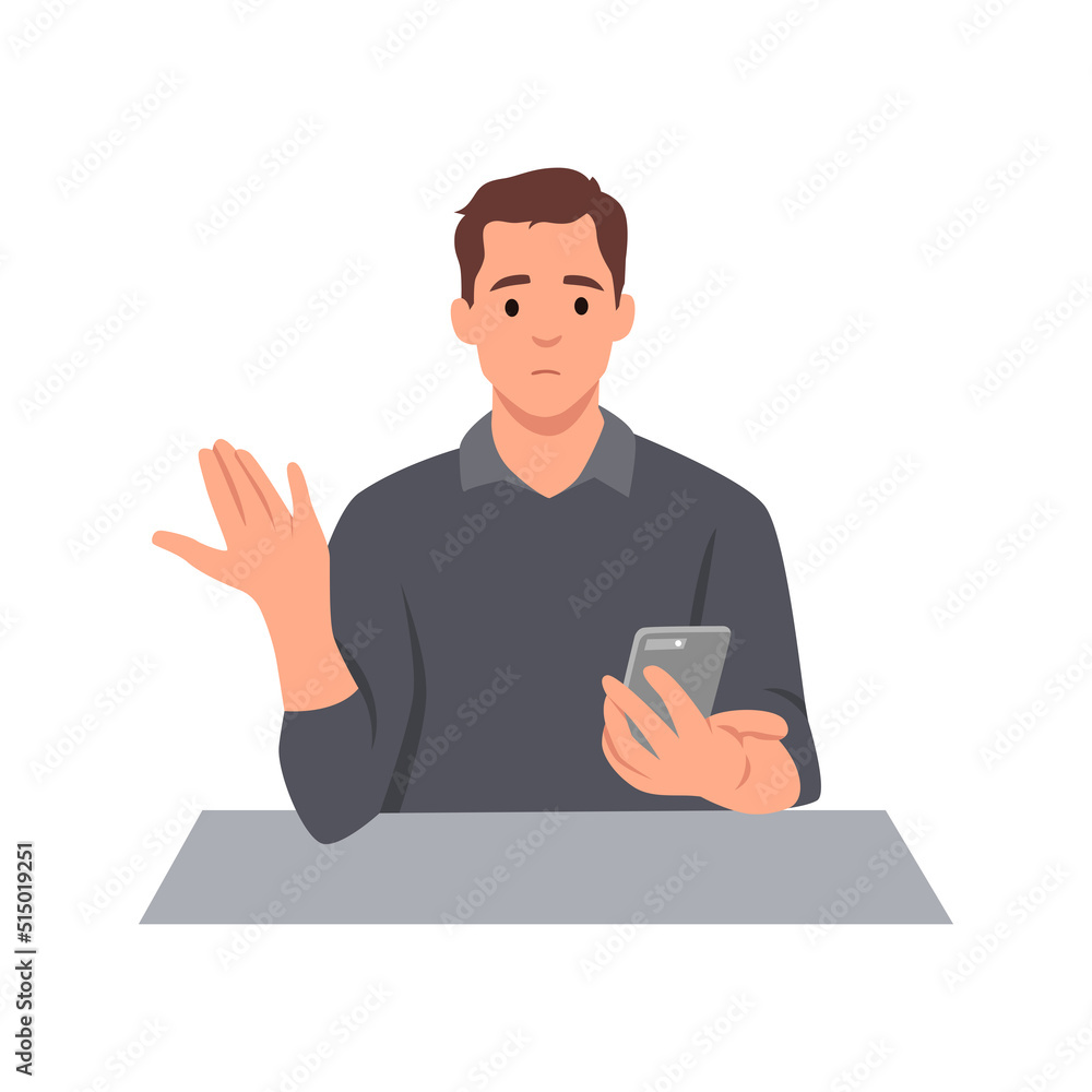 Young man unhappy looking at phone, he is feeling nervous of bad confused and disappointed. Flat vector illustration isolated on white background