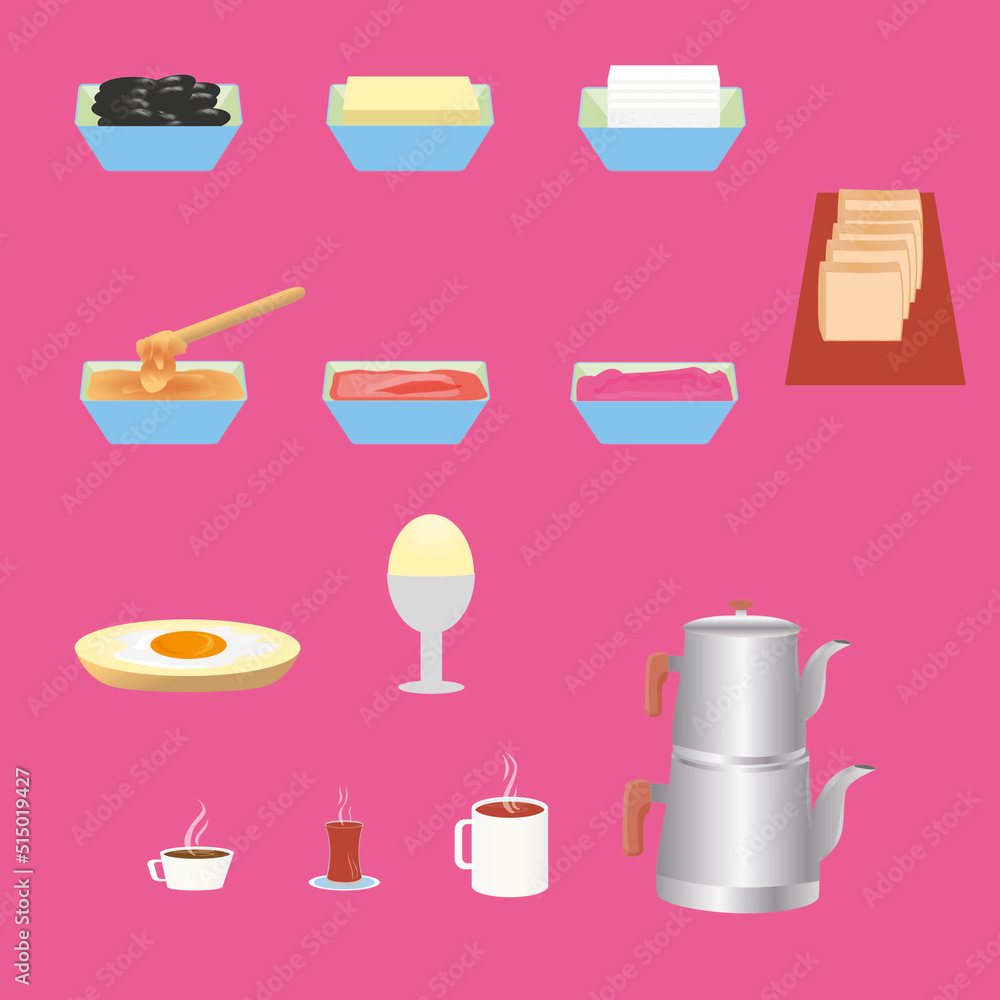 basic foods and beverages in the breakfast menu... cheese, olives, eggs, jam, honey, omelette, tea, coffee, basic foods and beverages in the breakfast menu... cheese, olives, eggs, jam, honey, omelette, tea, coffee,