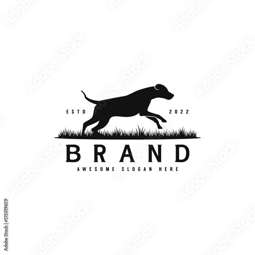 silhouette dog running on grass logo design, creative dog training logo illustration, animal dog vector template