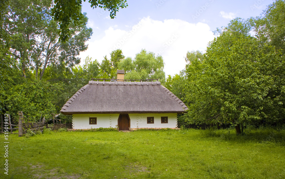 Traditional Ukrainian house of the 17-18th century in Cossack village (museum) Mamaeva Sloboda in Kyiv, Ukraine