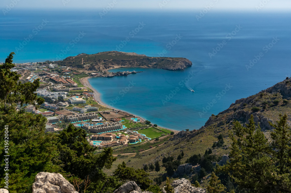 View from the mountain to the bay with beaches. Rhodes, Greece.