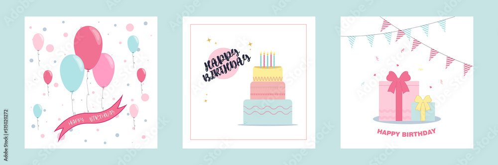 A set of beautiful birthday greeting cards with cake and balloons A set of beautiful birthday greeting cards with cake and balloons
