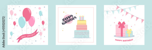 A set of beautiful birthday greeting cards with cake and balloons