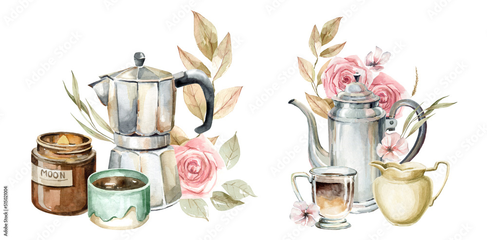 hand drawn watercolor coffee clipart. A cup of Americano, espresso ...