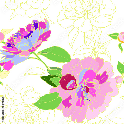 Composition with colorful peony and graphic peony on white background. Seamless pattern for wallpapers. Vector version.