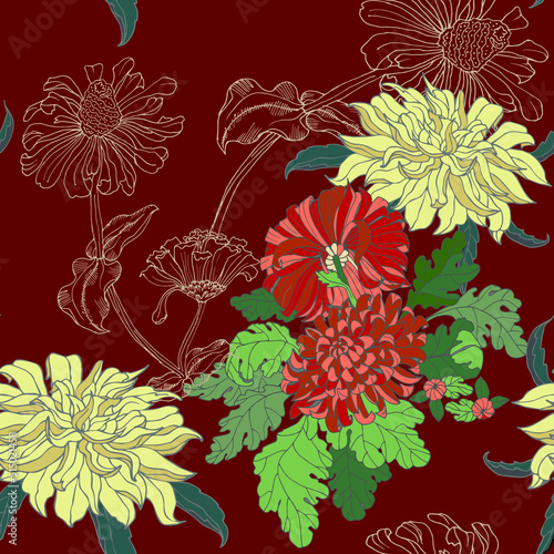 Seamles background with different flowers. Vector illustration on burgundy background.