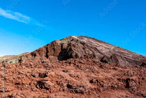 Panoramic view on the edge of the active volcano crater of Mount Vesuvius  Province of Naples  Campania region  Southern Italy  Europe  EU. Volcanic landscape full of stones  ashes and solidified lava