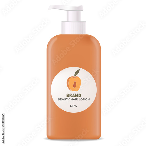 Realistic bottle cosmetic, peach lotion package, summer cosmetics packaging mockup, hair beauty cosmetic, vector