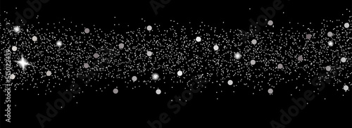 Sparkling falling silver dust on black background. Vector horizontal background with glitter and space for text