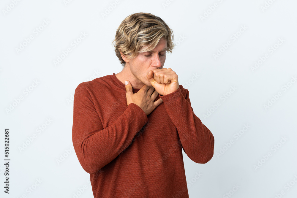 English man over isolated white background coughing a lot