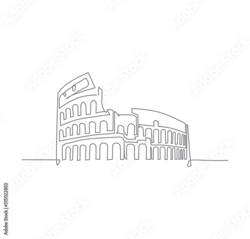 Continuous line art of Colosseum amphitheater landmark.  Historical iconic building in Rome. Single line drawing with active stroke.