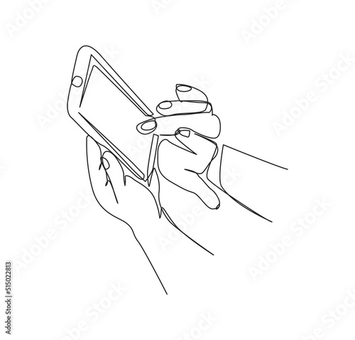 One line drawing hand touch the phone smartphone. Continuous line art of hand using mobile phone.