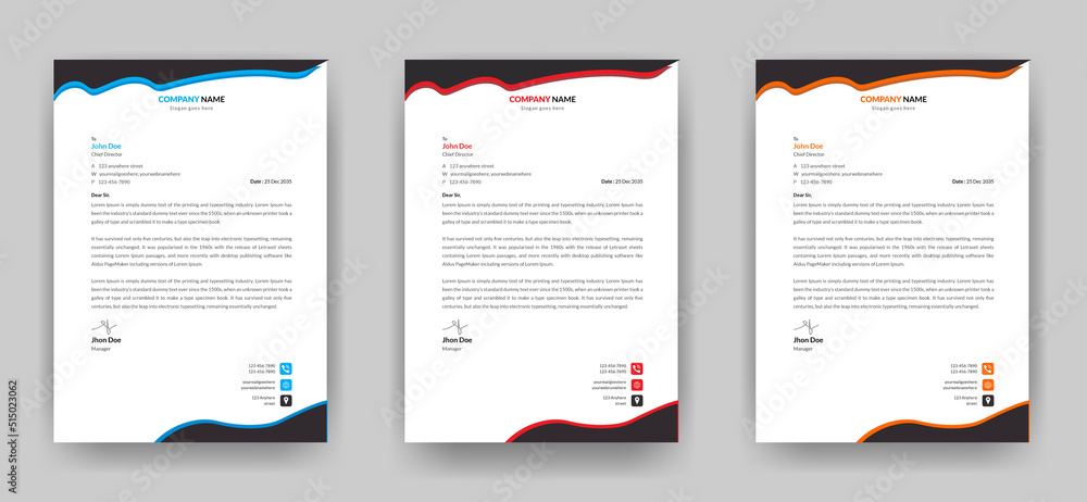 Modern business letterhead template, A4 size fully editable print ready with three color variations